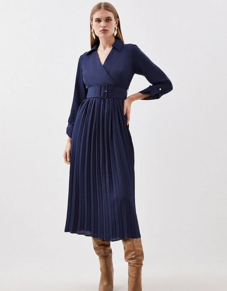 Pleated Georgette Belted Woven Midi Dress