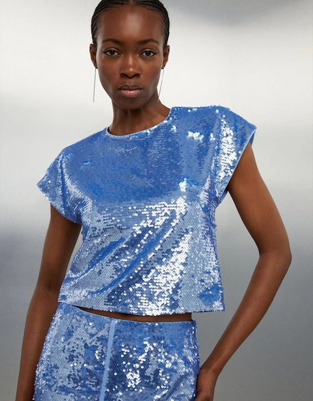Blue Sequin Woven Boxy Top, 5 of 4