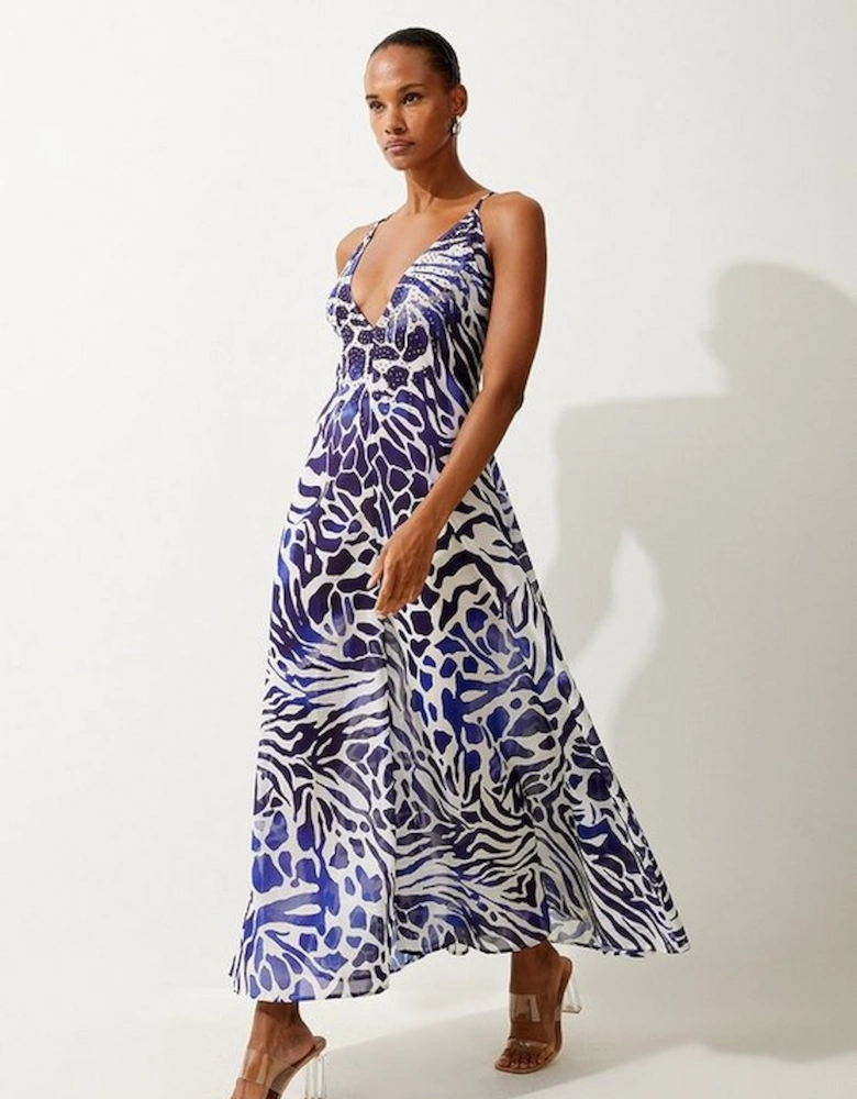 Abstract Print Embellished Maxi Beach Dress