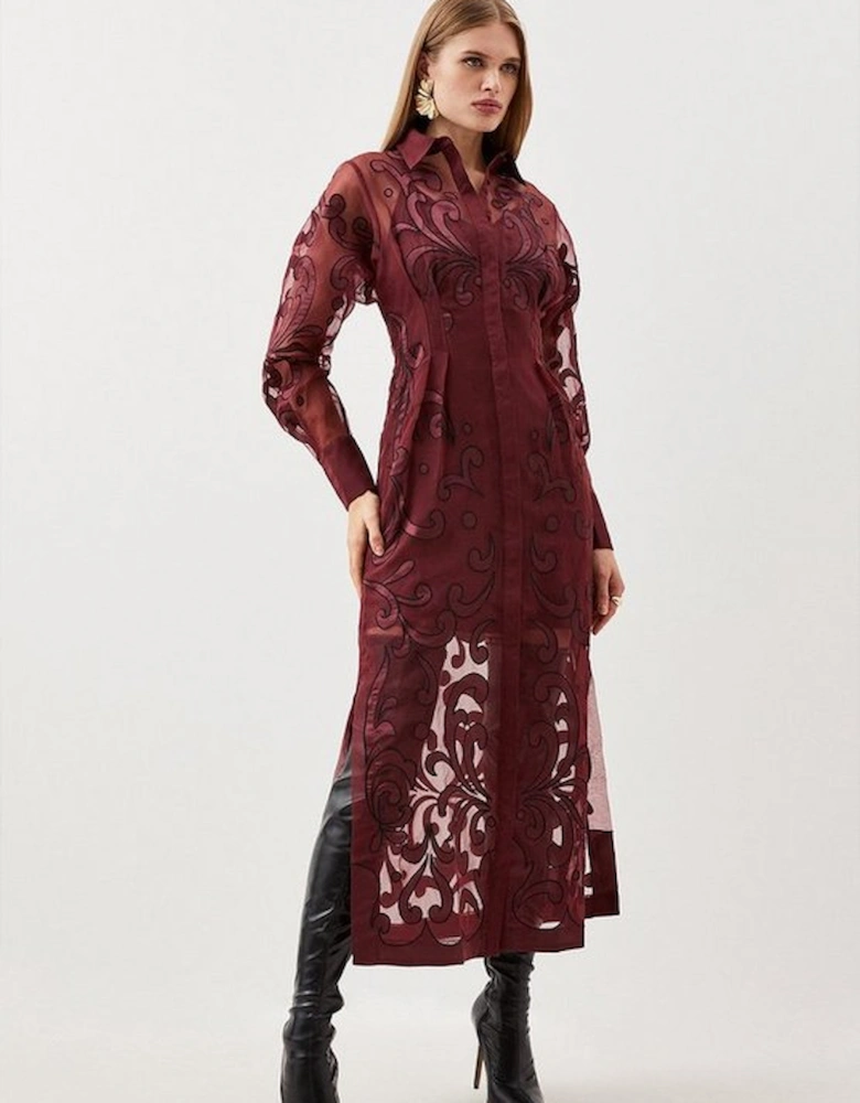 Applique Organdie Woven Midi Shirt Dress