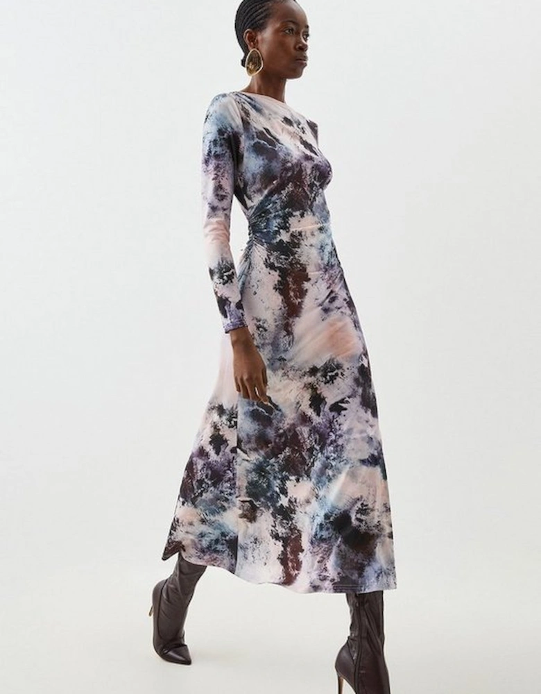 Abstract Print Jersey Crepe Long Sleeve Midaxi Dress