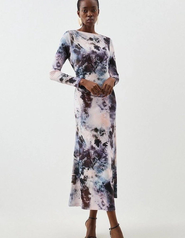 Abstract Print Jersey Crepe Long Sleeve Midaxi Dress