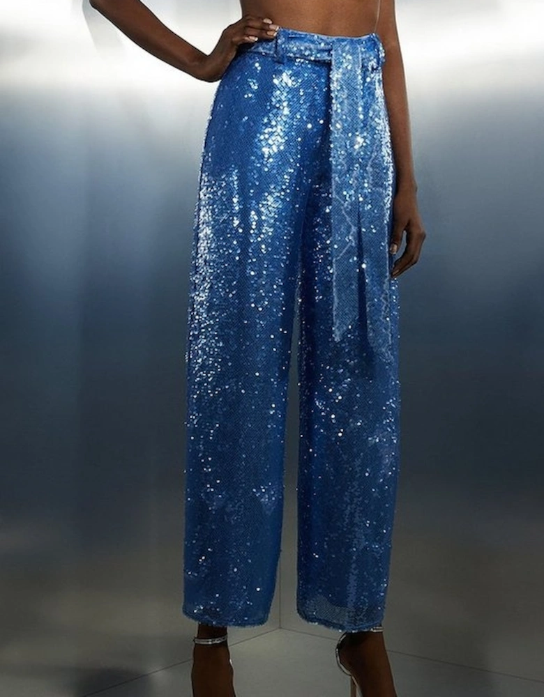 Blue Sequin High Waisted Belted Woven Trouser