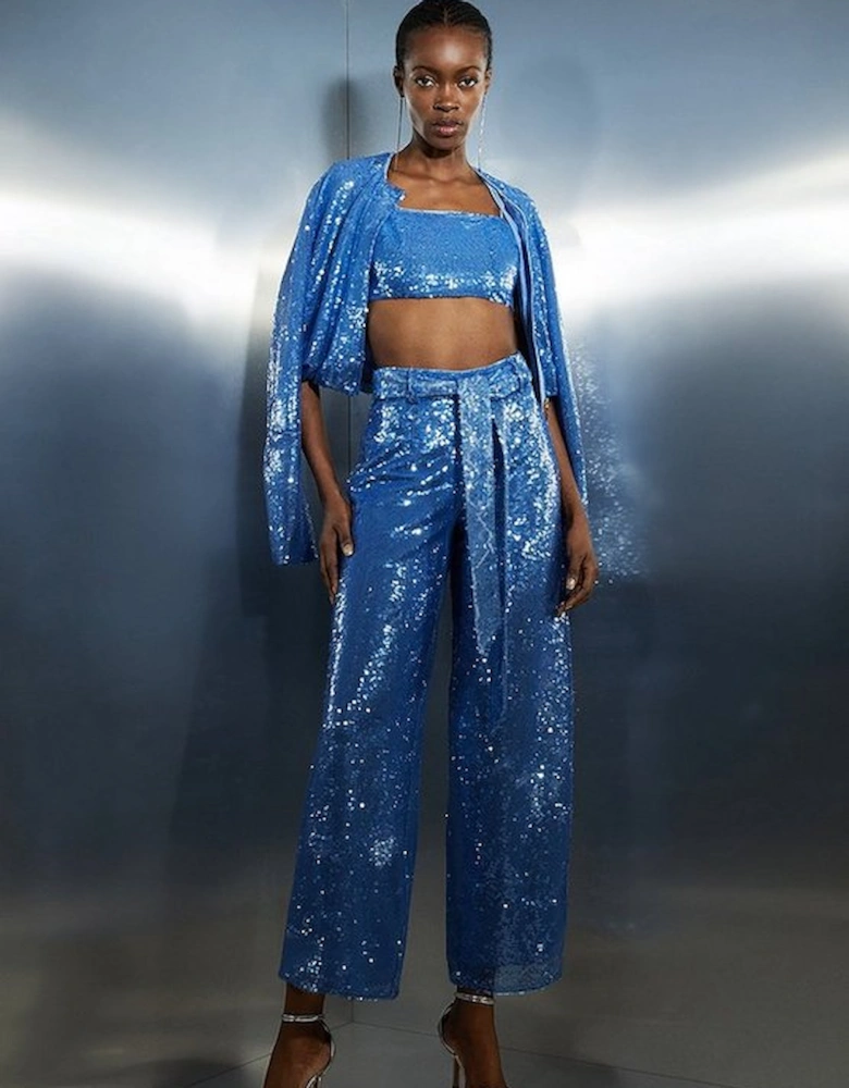 Blue Sequin High Waisted Belted Woven Trouser