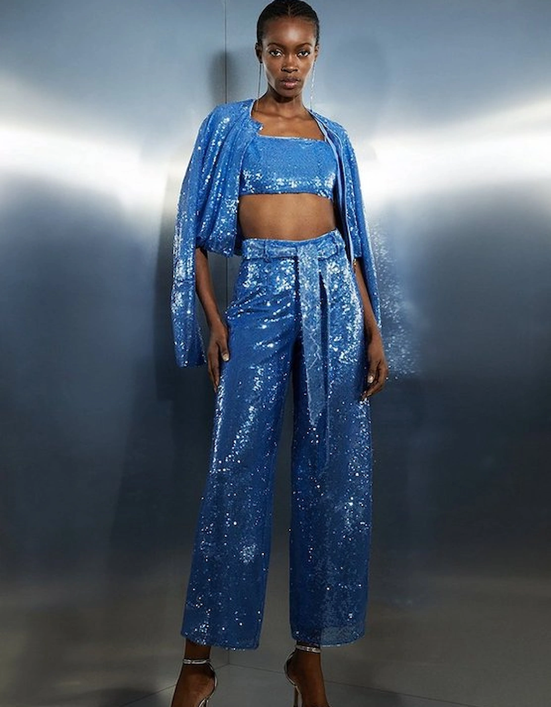 Blue Sequin High Waisted Belted Woven Trousers, 5 of 4