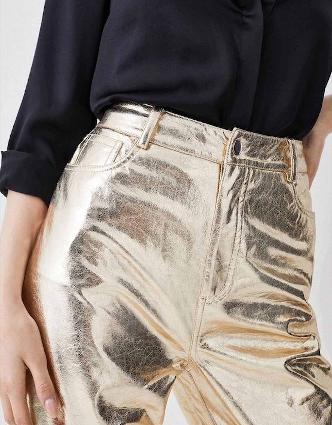 Metallic Faux Leather Tailored Straight Leg Trousers