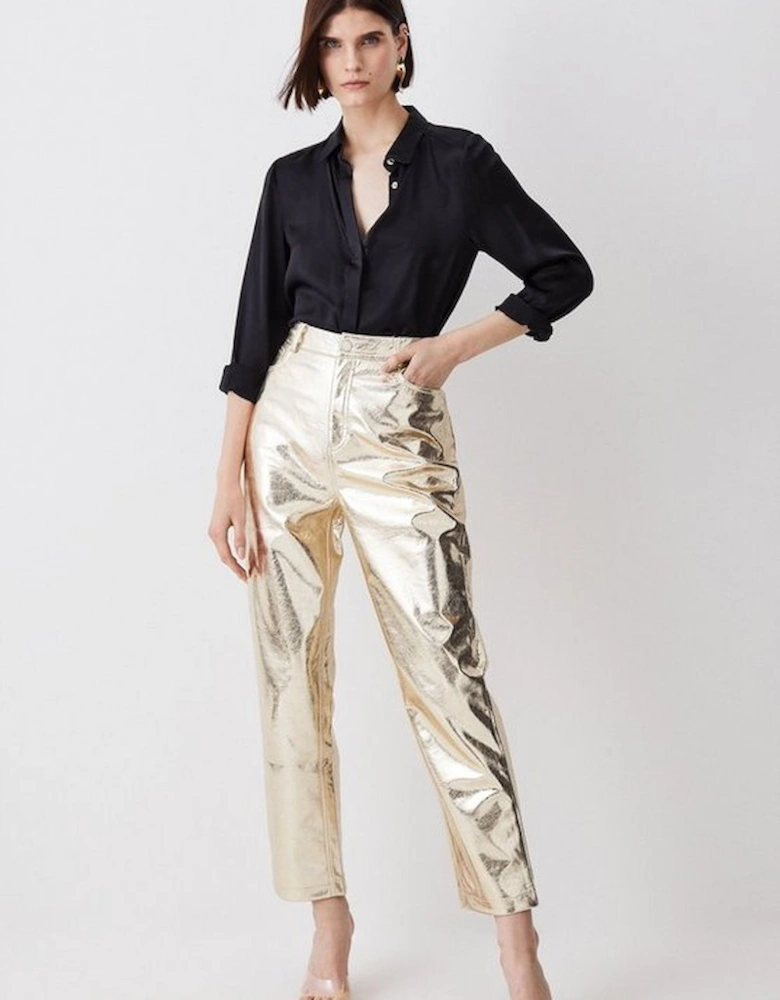 Metallic Faux Leather Tailored Straight Leg Trousers