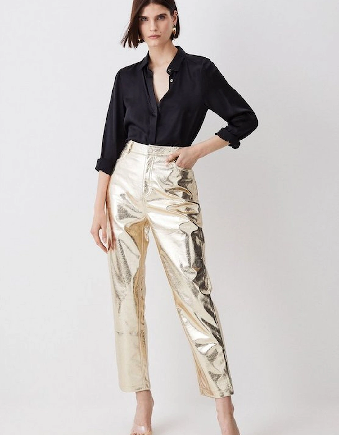 Metallic Faux Leather Tailored Straight Leg Trousers, 5 of 4