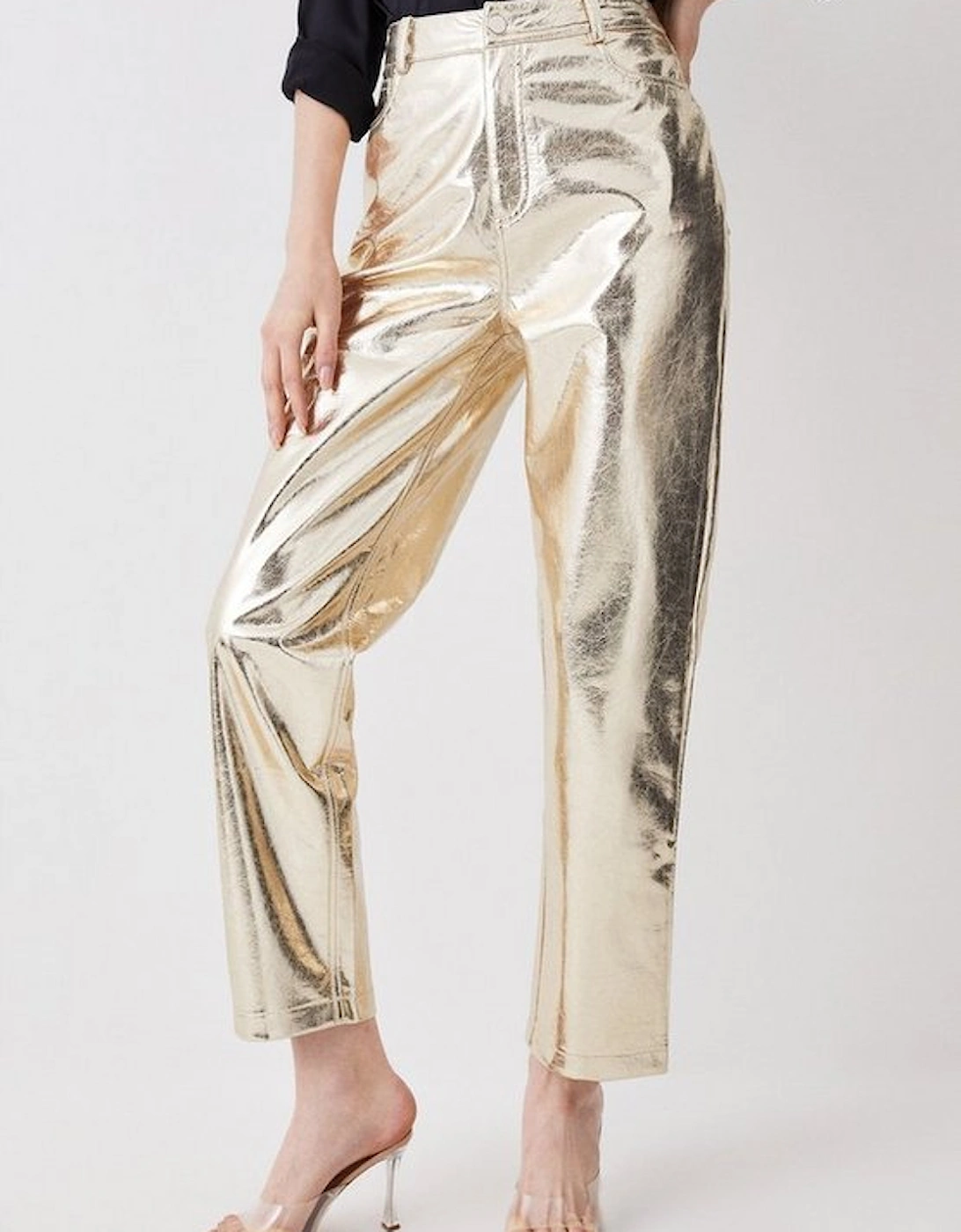 Metallic Faux Leather Tailored Straight Leg Trousers