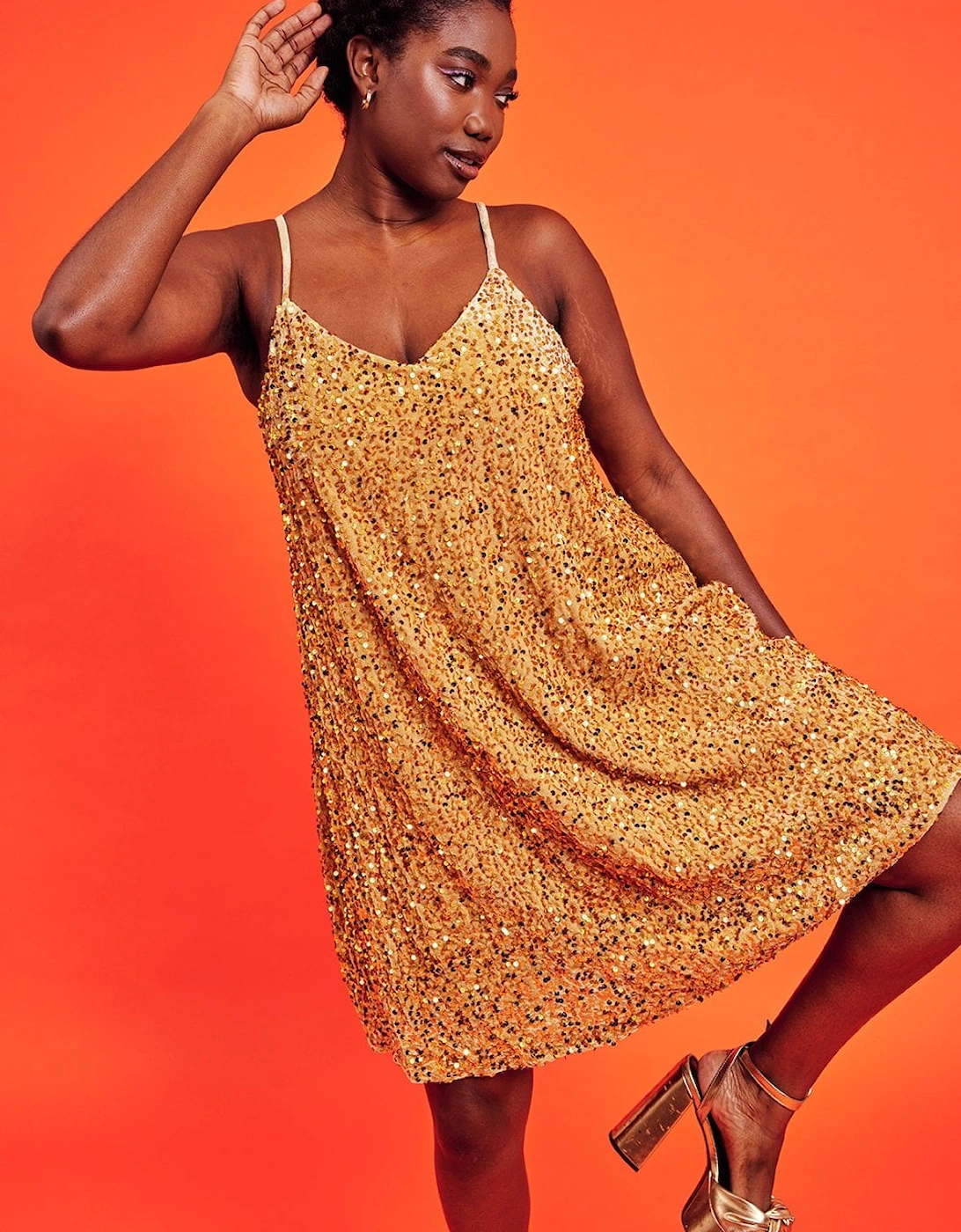 Gold Sequin Cami Swing Dress, 7 of 6