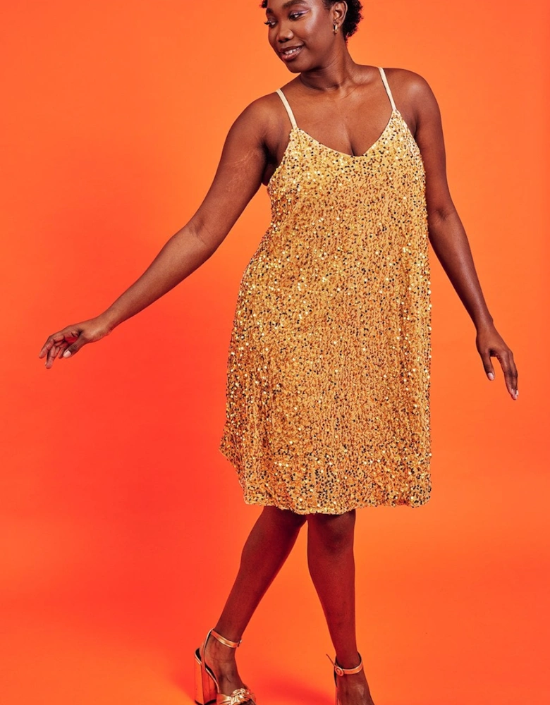 Gold Sequin Cami Swing Dress