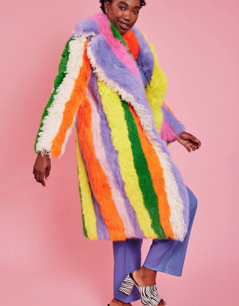 Faux Fur Hand Crafted Rainbow Bamboo Maxi Coat