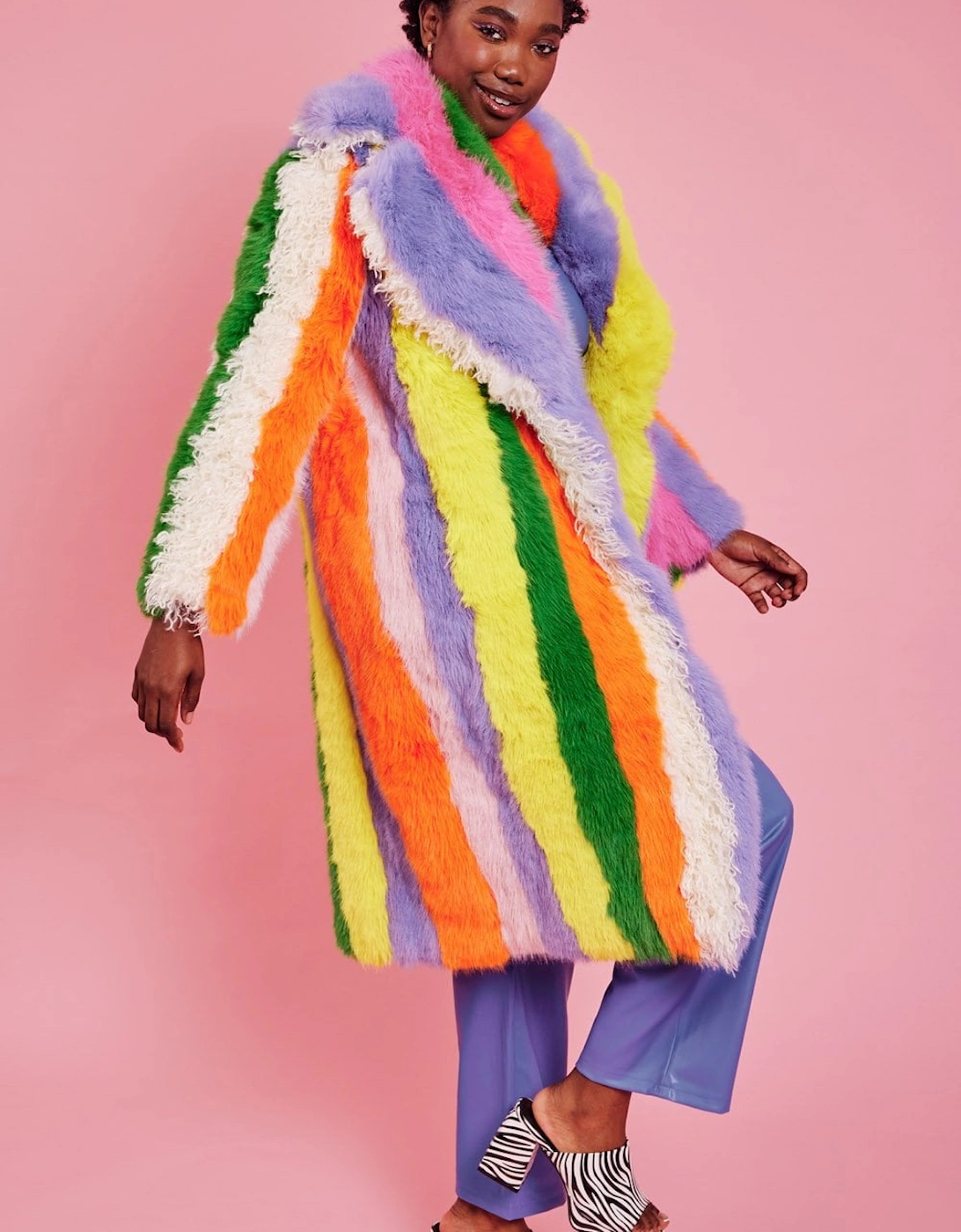 Faux Fur Hand Crafted Rainbow Bamboo Maxi Coat