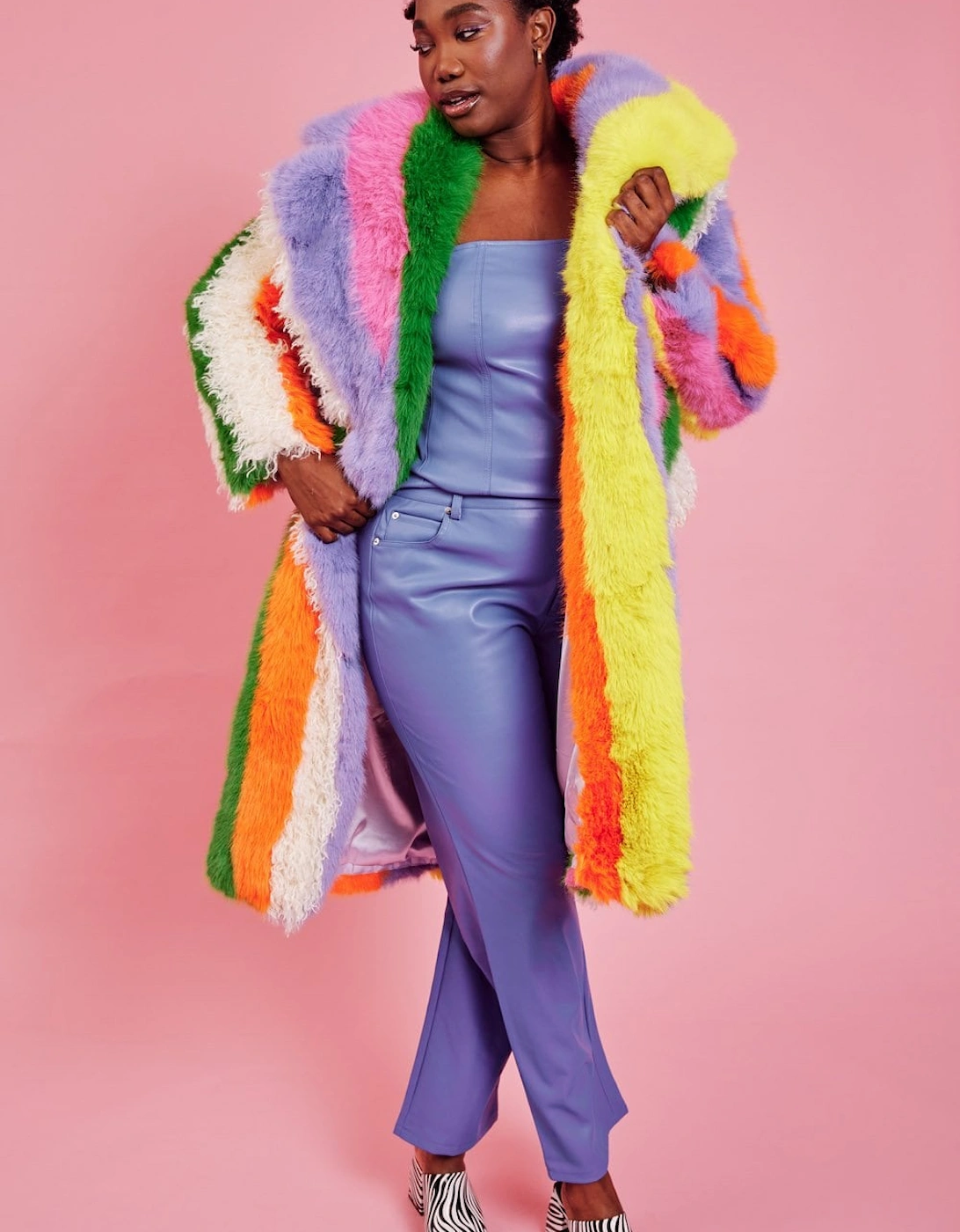 Faux Fur Hand Crafted Rainbow Bamboo Maxi Coat, 5 of 4