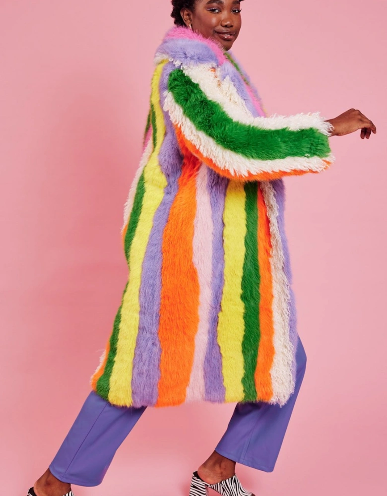 Faux Fur Hand Crafted Rainbow Bamboo Maxi Coat