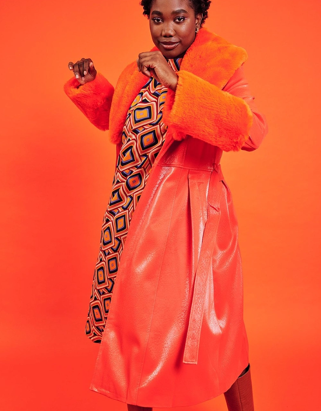 Orange Trench Style Belted Coat with Faux Fur Cuffs and Collar