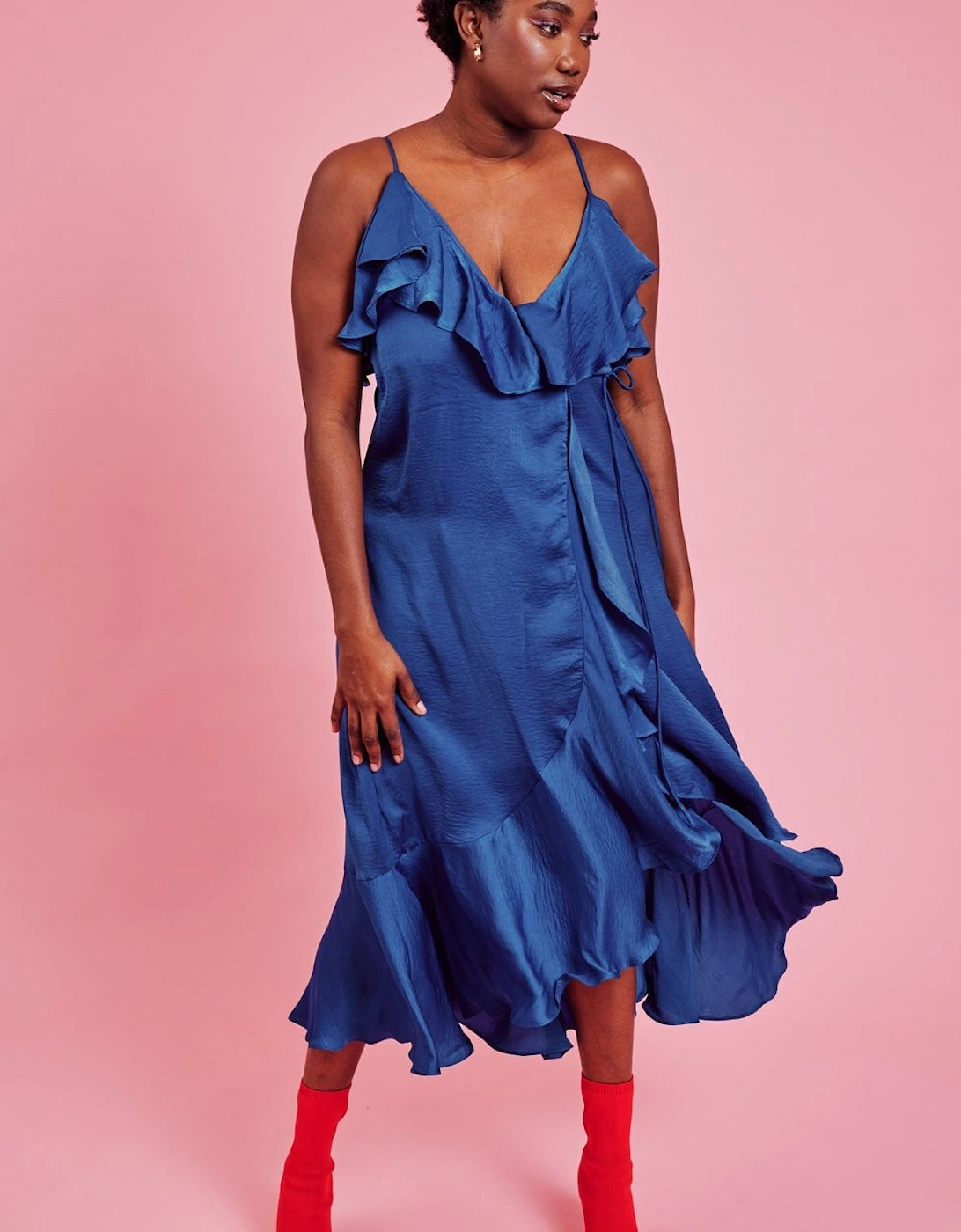 Blue Silk Blend Maxi Ruffle Dress