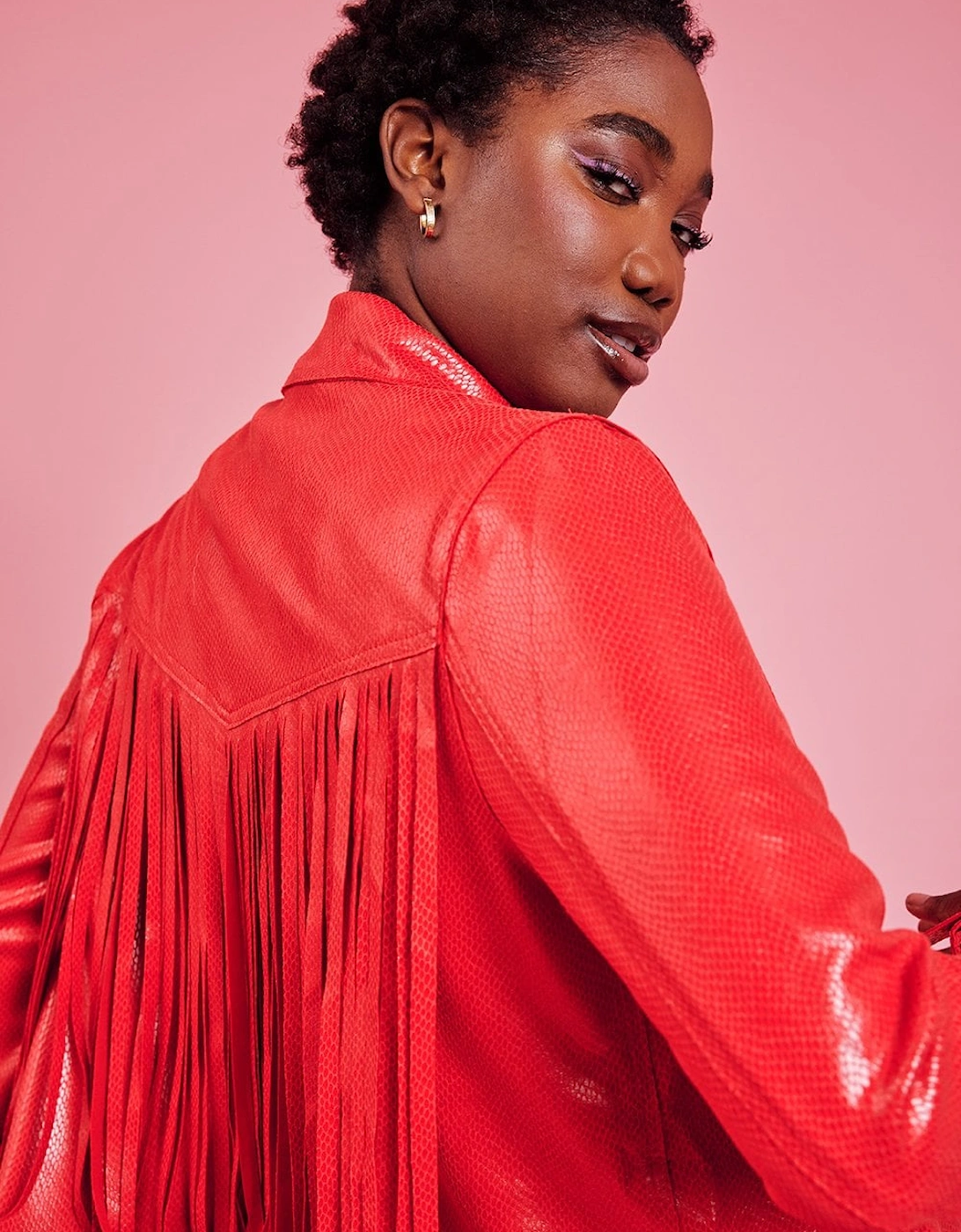 Red Faux Suede Tasseled Trench Coat