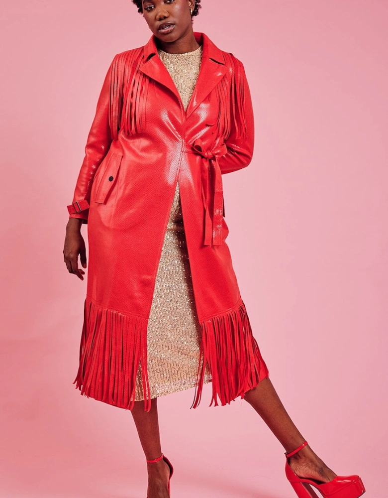 Red Faux Suede Tasseled Trench Coat