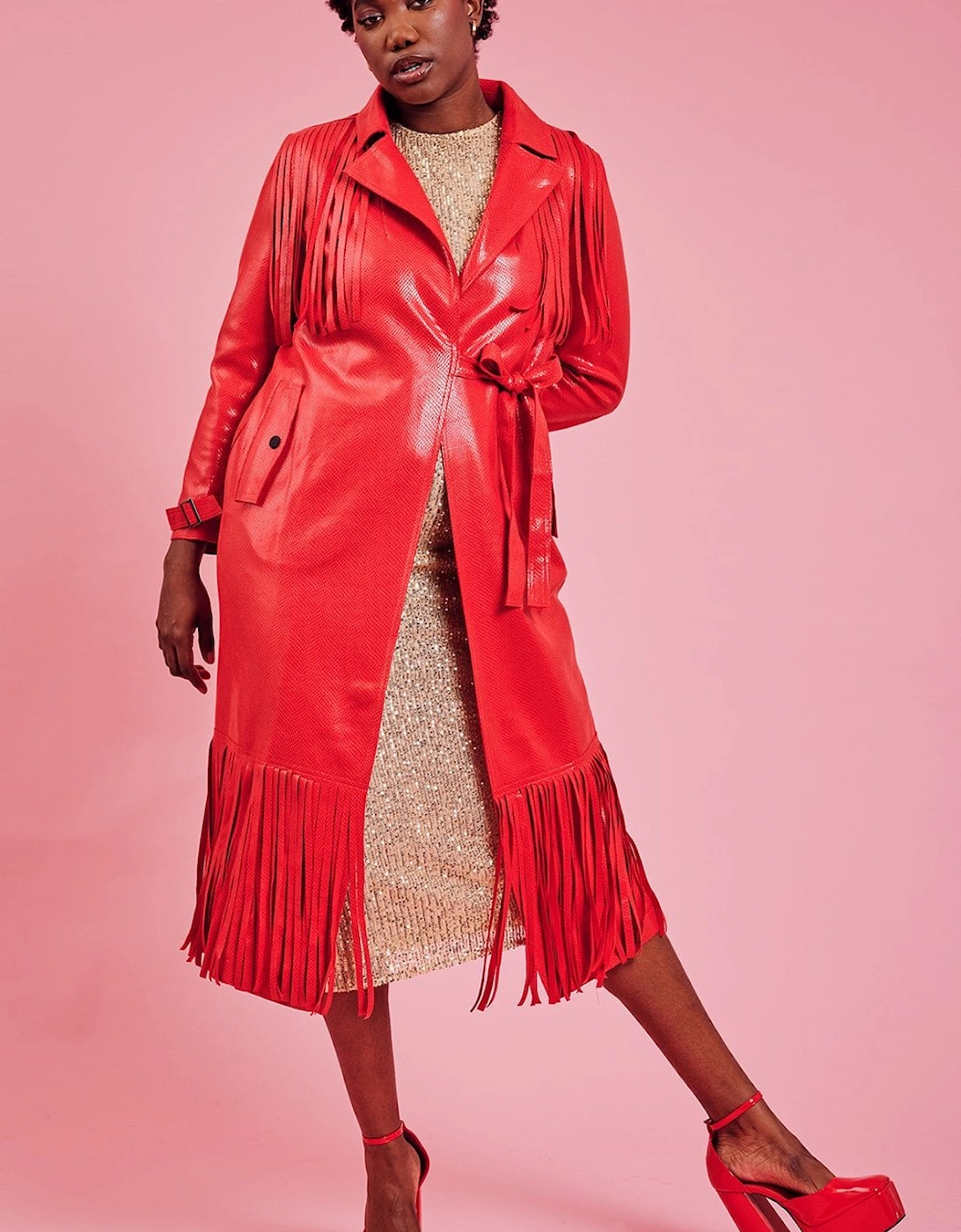 Red Faux Suede Tasseled Trench Coat, 5 of 4