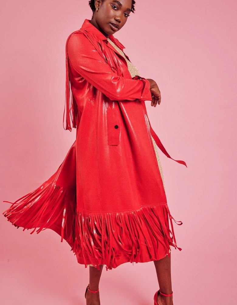 Red Faux Suede Tasseled Trench Coat