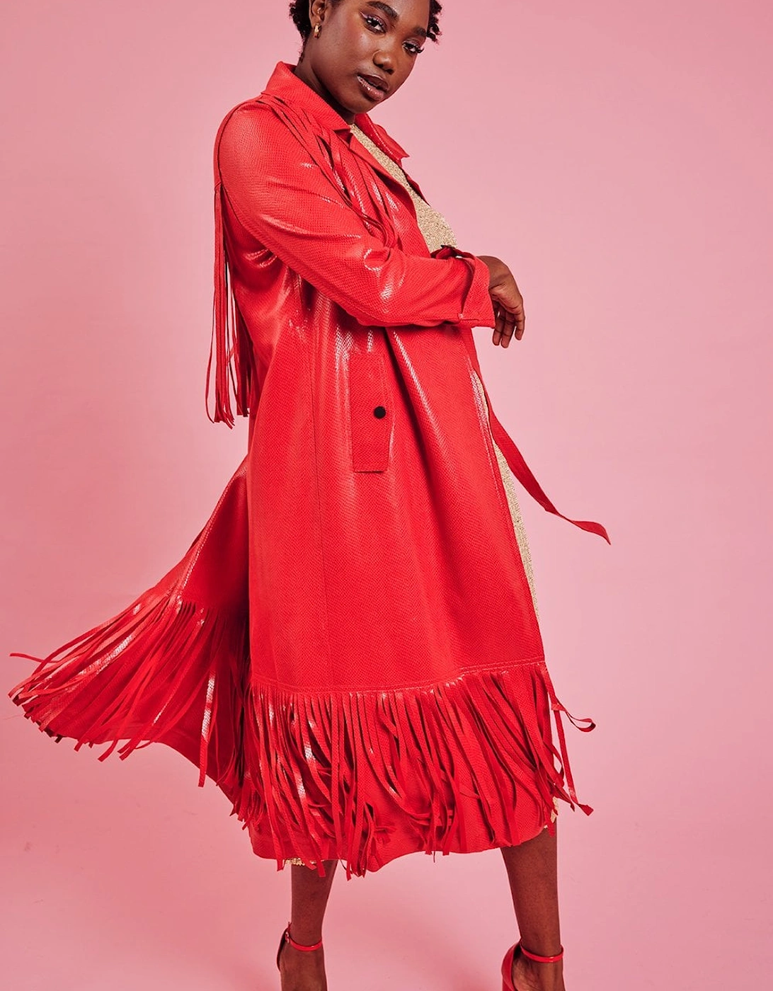 Red Faux Suede Tasseled Trench Coat