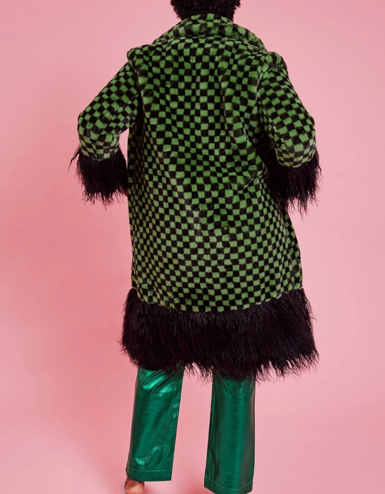 Faux Fur Green and Black Check Coat with Faux Mongolian Trim