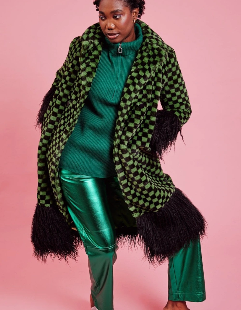 Faux Fur Green and Black Check Coat with Faux Mongolian Trim
