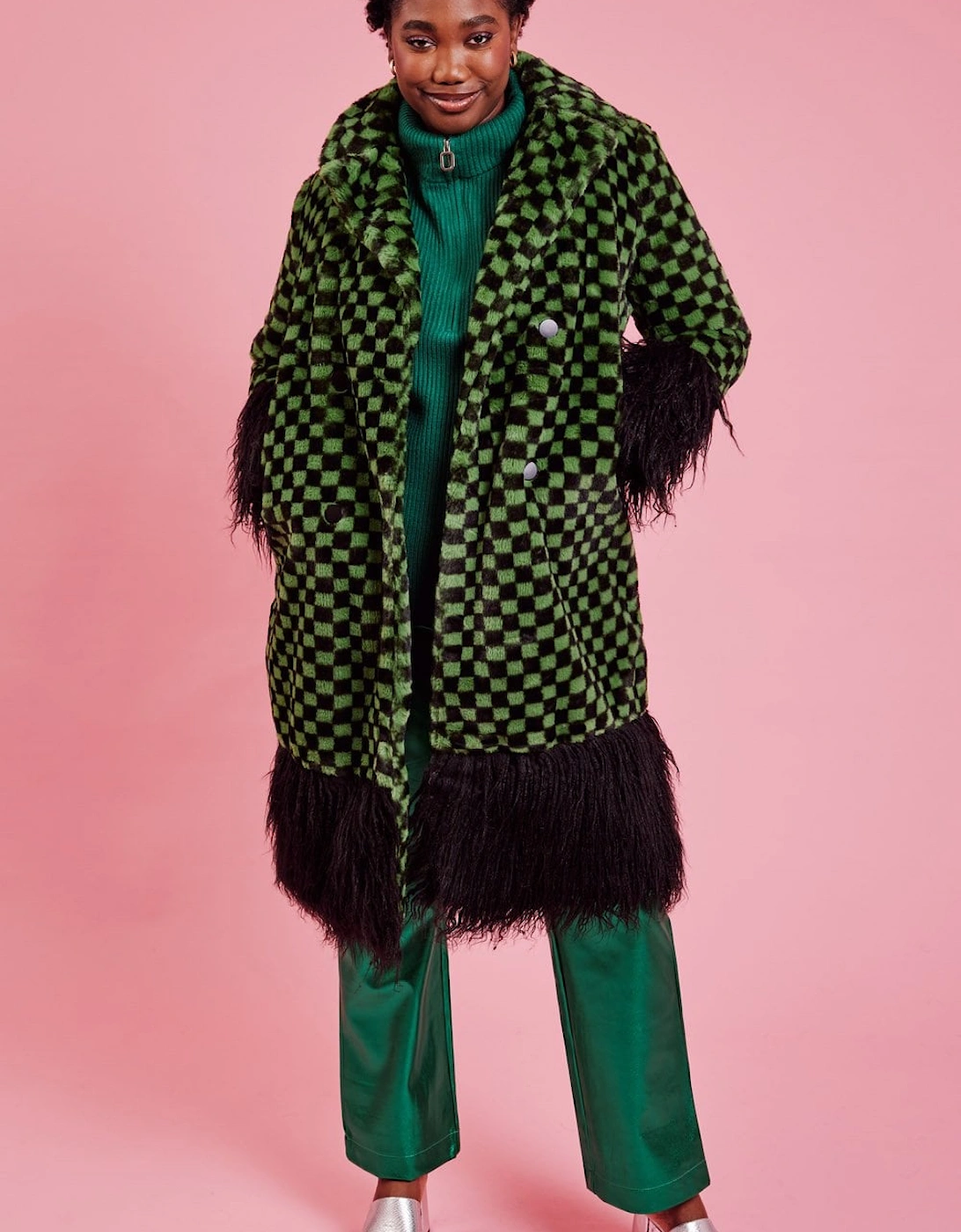 Faux Fur Green and Black Check Coat with Faux Mongolian Trim