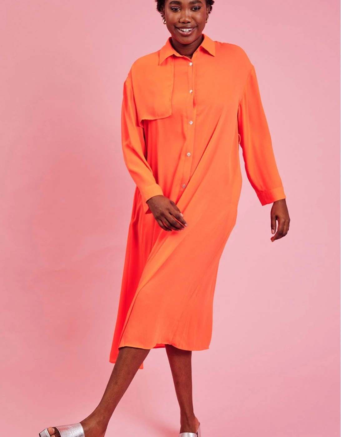 Orange Silk Blend Maxi Shirt Dress