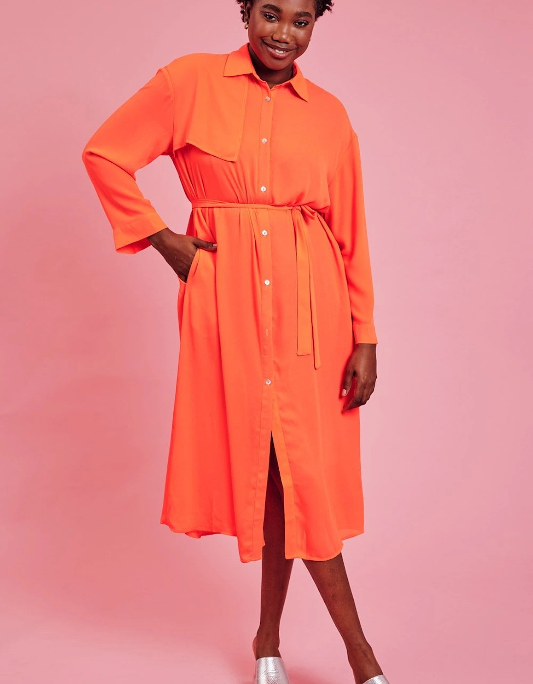 Orange Silk Blend Maxi Shirt Dress