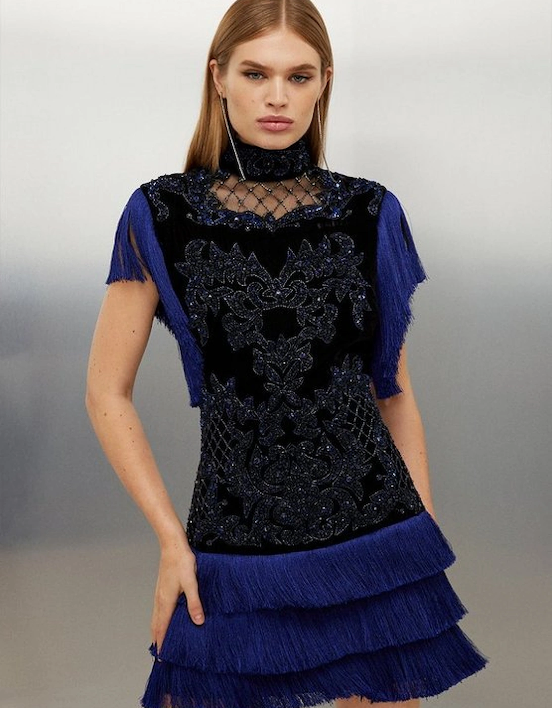 Petite Velvet Baroque Fringe Woven Mini Dress, 5 of 4