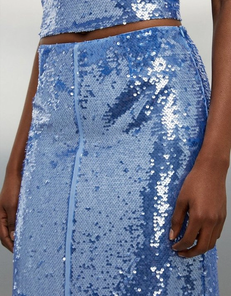 Blue Sequin Front Split Woven Midi Skirt