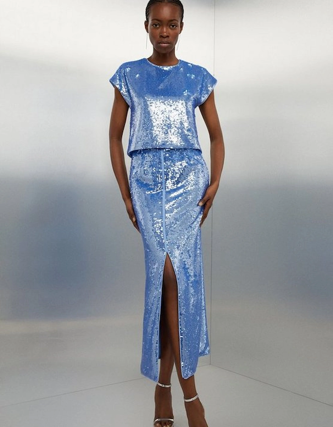 Blue Sequin Front Split Woven Midi Skirt, 5 of 4