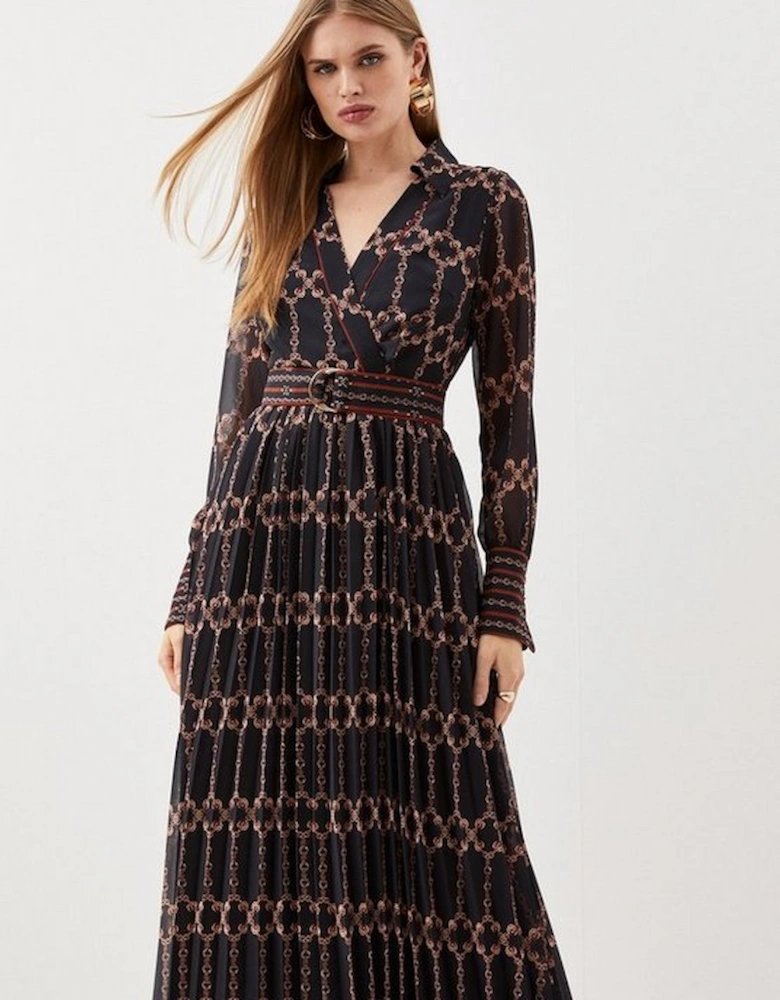 Geo Pleated Georgette Belted Woven Maxi Dress