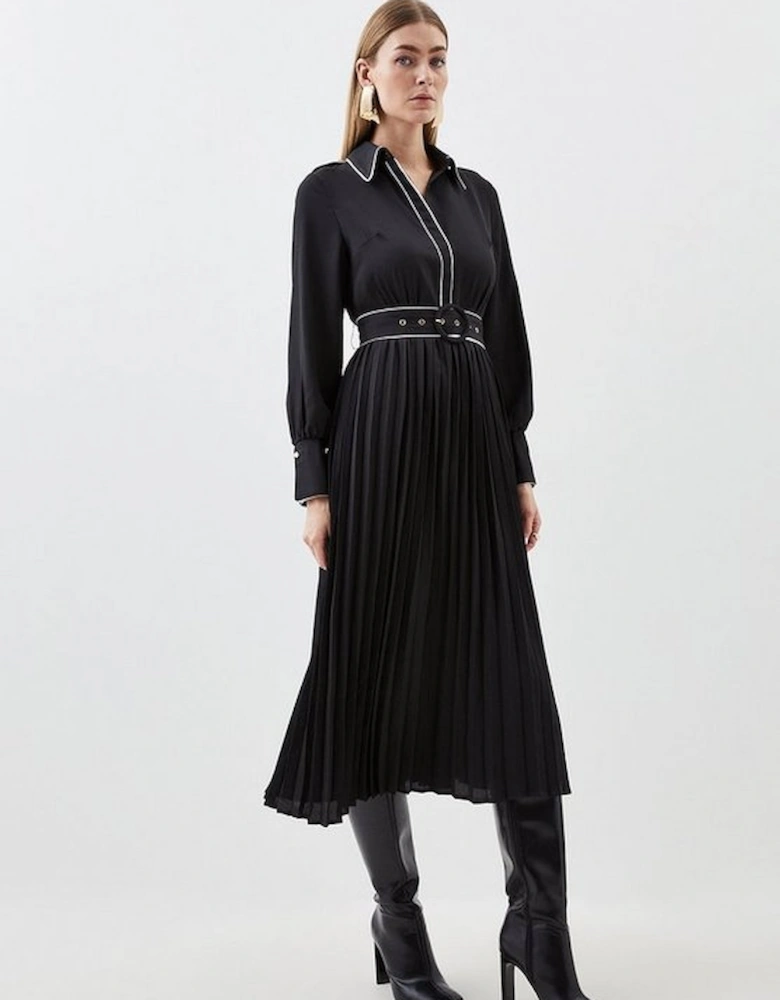 Petite Piping Detail Georgette Pleated And Belted Woven Maxi Dress