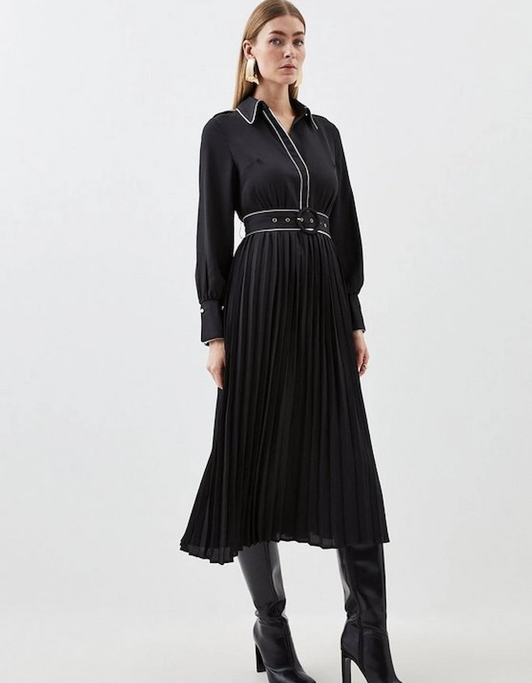 Petite Piping Detail Georgette Pleated And Belted Woven Maxi Dress, 5 of 4