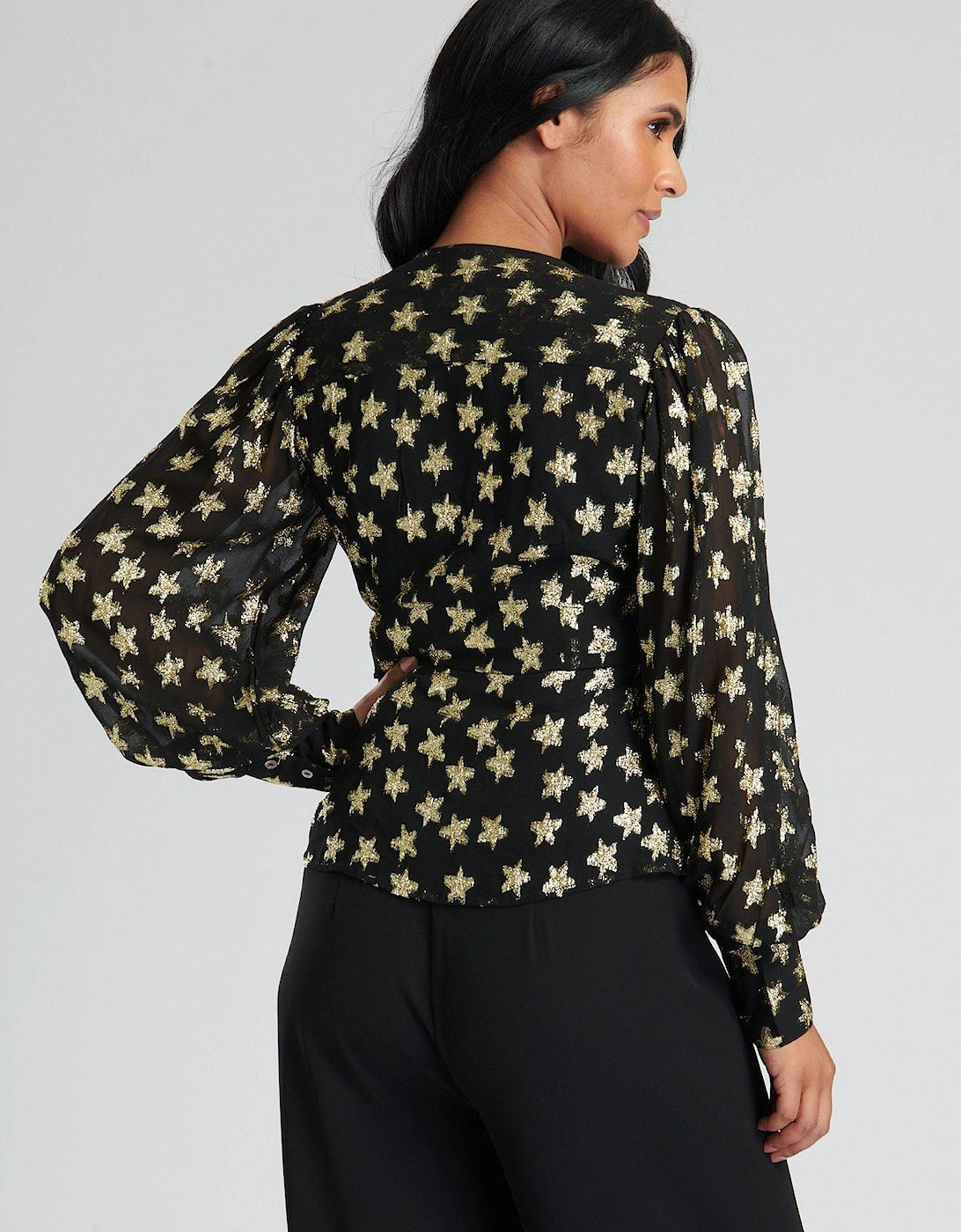 Black Metallic Star Long Sleeve Wrap Over Blouse