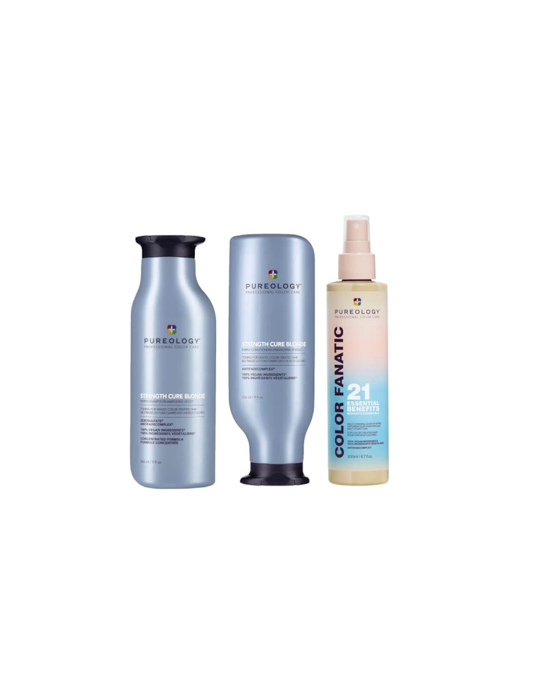 Strength Cure Blonde Purple Shampoo, Conditioner and Color Fanatic Spray Routine for Toning Brassy Hair