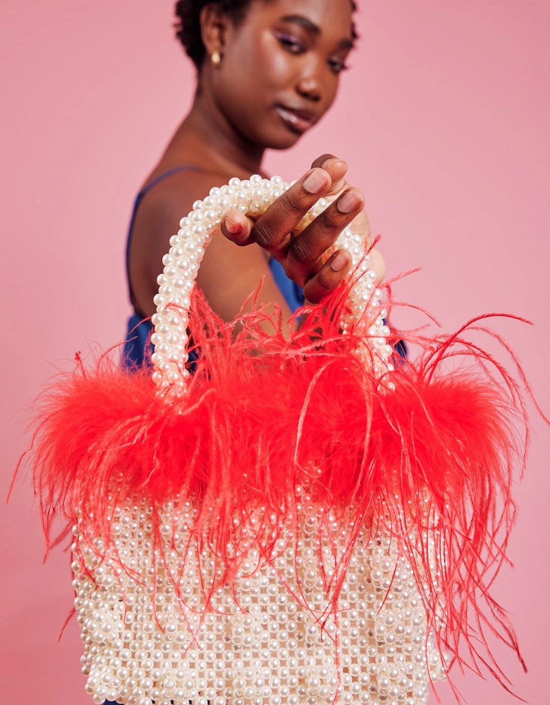 Pink Handmade Pearl Tote Bag with Feather Trim, 4 of 3