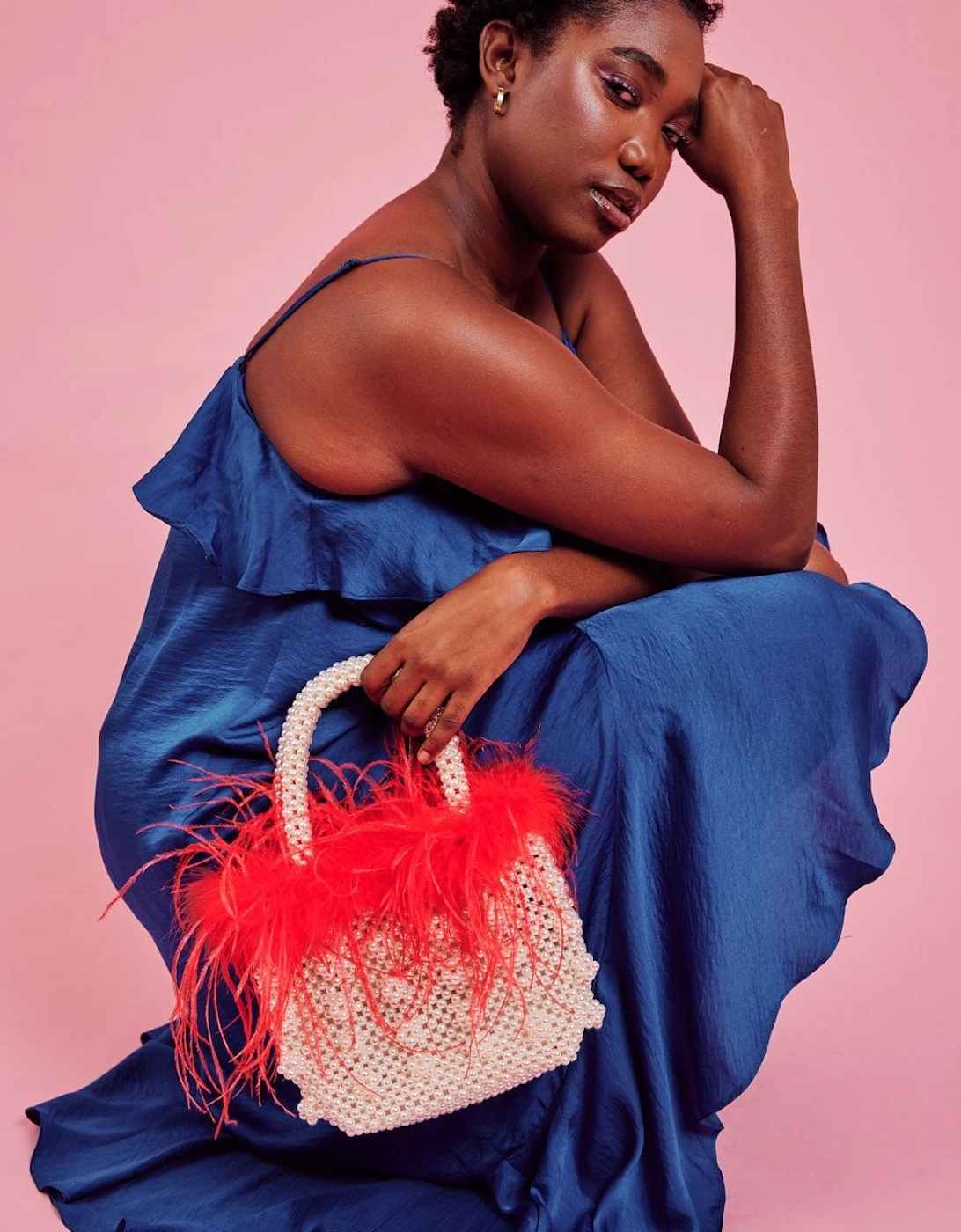 Pink Handmade Pearl Tote Bag with Feather Trim