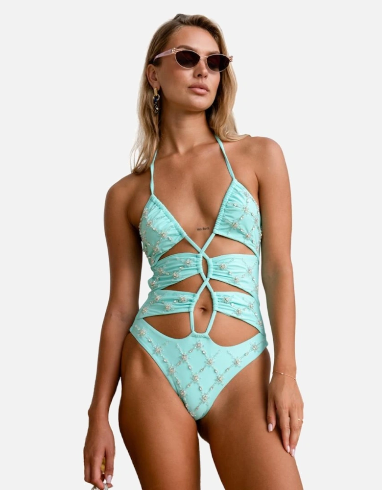 Palmer Luxe Crystal Embroidered Mint Swimsuit