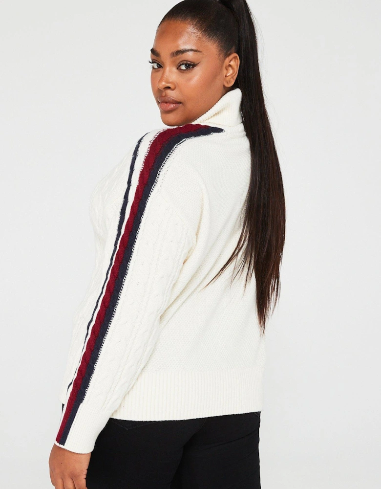 Curve Stripe Cable Knit Roll Neck Jumper - White
