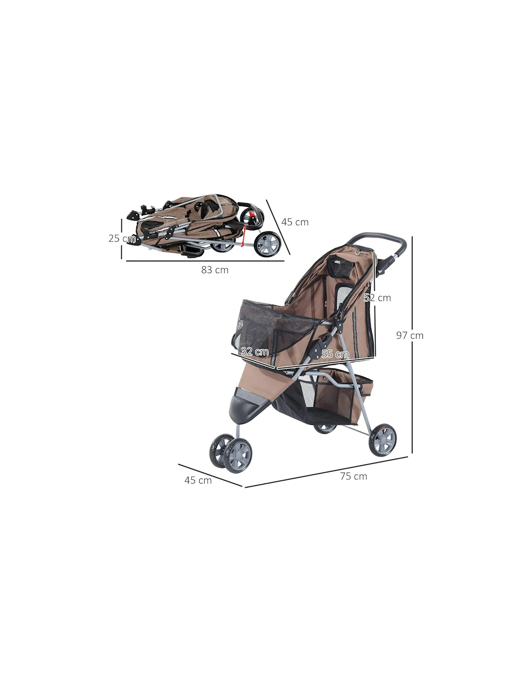 Dog Stroller Pushchair Oxford Cloth 3-Wheel Pram - Suitable for Small Pets