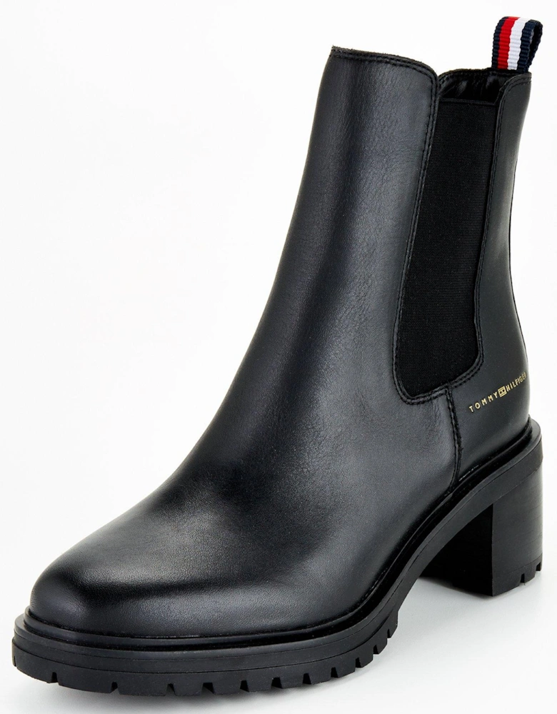 Essential Leather Mid Heel Boot - Black