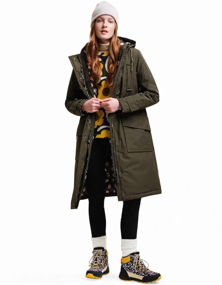 Womens Orla Kiely Longline Waterproof Hooded Jacket - Dark Khaki