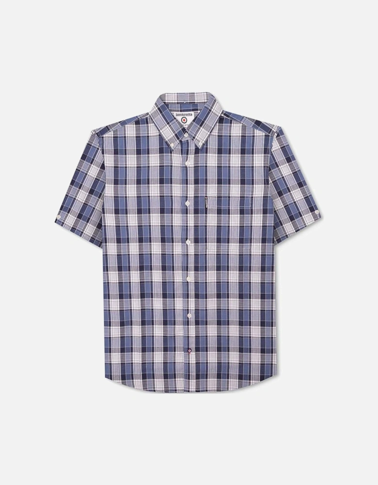 Mens Short Sleeve Cotton Check Button Down Collar Shirt - Navy/White