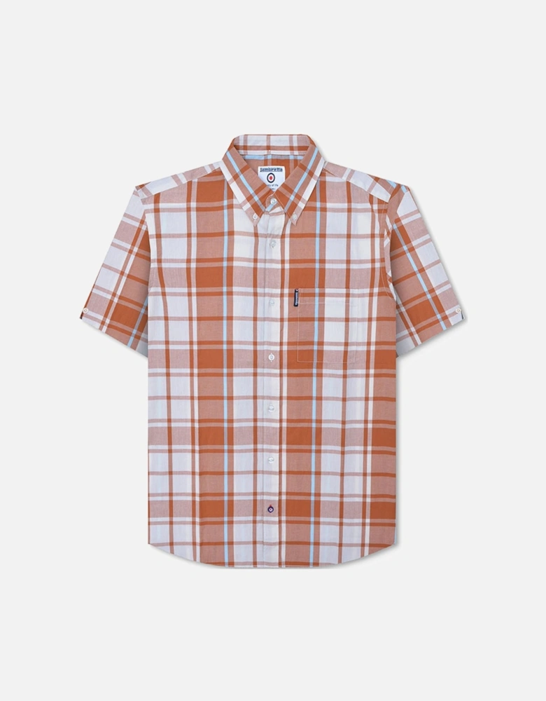 Mens Short Sleeve Cotton Check Button Down Collar Shirt - Rust/White