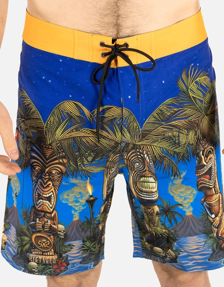 Mens Tiki Palms Surf Board Swim Shorts - Blue