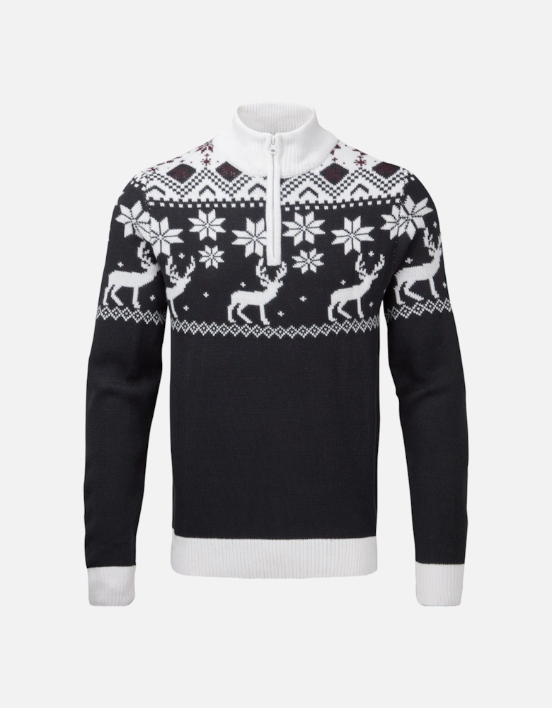 Mens 1/4 Zip Fair Isle Reindeer Christmas Jumper